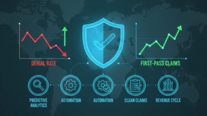 Modern landscape digital dashboard showing real-time denial prevention analytics and increasing revenue trends for a 2026 healthcare practice.