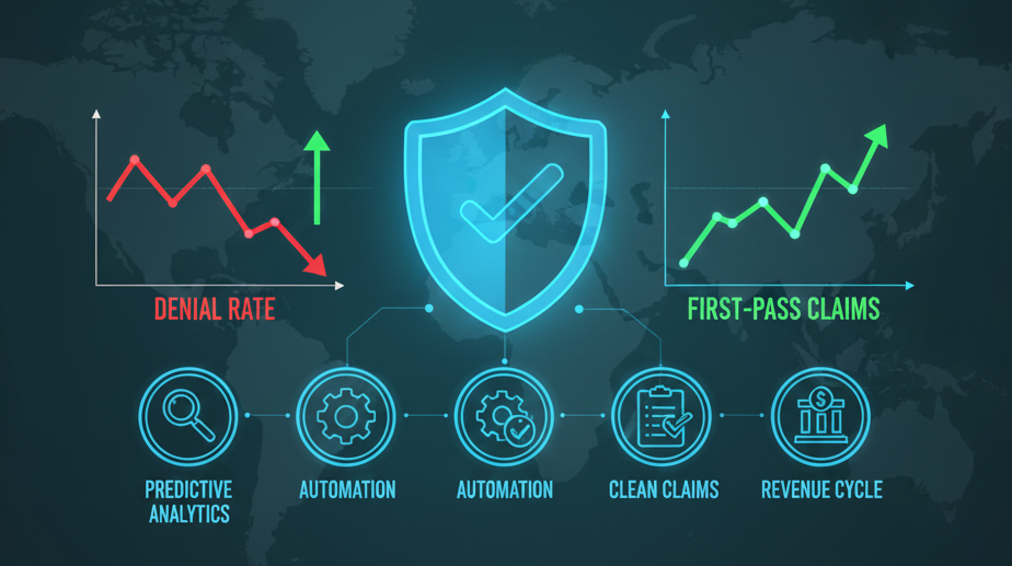 Modern landscape digital dashboard showing real-time denial prevention analytics and increasing revenue trends for a 2026 healthcare practice.