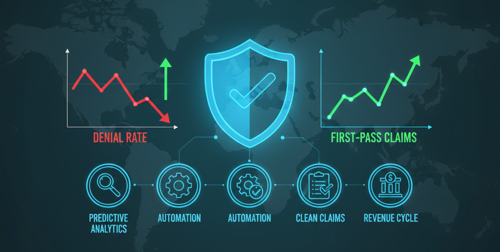 Modern landscape digital dashboard showing real-time denial prevention analytics and increasing revenue trends for a 2026 healthcare practice.